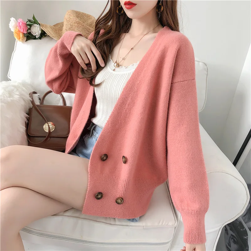 

New Women Cardigan Sweater V Neck Solid Loose Knitwear Double Breasted Casual Knitted TopsYellow Outwear Autumn Coat