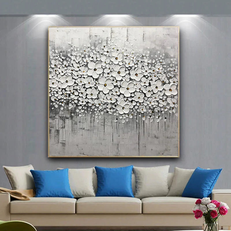 100% ручная работа Серебряный цветок Абстрактная Картина на холсте настенное
