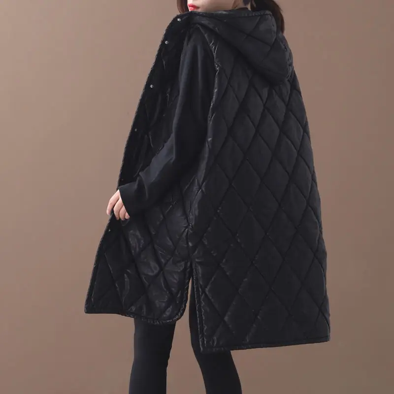 

Winter New Korean Sleeveless Jacket Loose Large Size Diamond Shape Split Fork Long Waistcoat Padded Leather Vest Lady Coat f2494