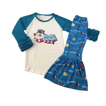 

hot sale summer ruffle snowman pattern with blue bell-bottoms boy's outfits