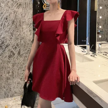 

Red Ruffle Sleeves Women Mini Dress Elegant Square Neck 2020 Summer Robe Femme A-Line Bridesmaid Homecoming Party Vestidos