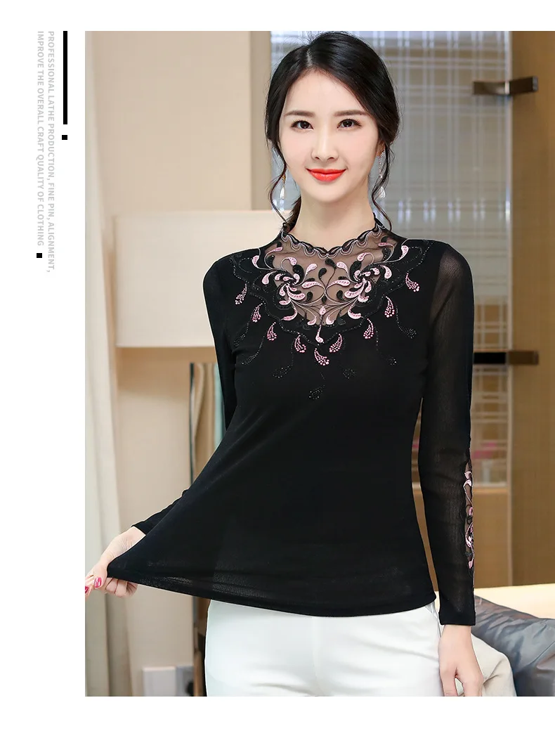 Dingaozlz M-4XL Autumn New Mesh Lace shirt Plus size embroidery Tops Elegant long-sleeved elasticity Women t-shirt