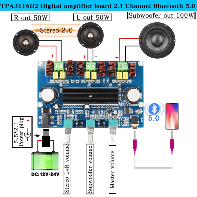 Placa Amplificador Digital Bluetooth 5.0 Volume 2.1 Canais Estéreo Classe d 50w x Mais 100w Alto-falante de Áudio Aux Xh-a305 Tpa3116d2