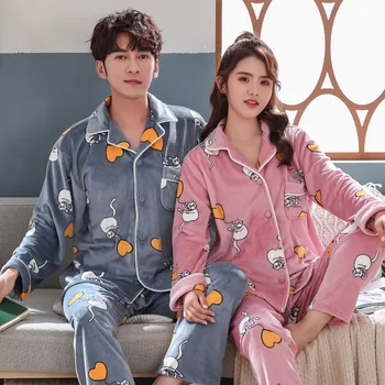 

Winter Warm Flannel Pajamas Set Couples 2PCS Sleepwear Casual Soft Bathrobe Nightwear Cute Cartoon Thicken Homewear Pijamas