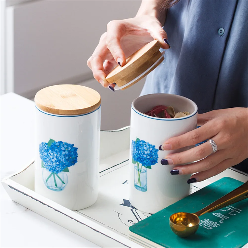 Скандинавские запечатанные банки с деревянной крышкой кухня кофейные зерна ящик для хранения конфет сахар чай банки синий букет Узор Керамические банки