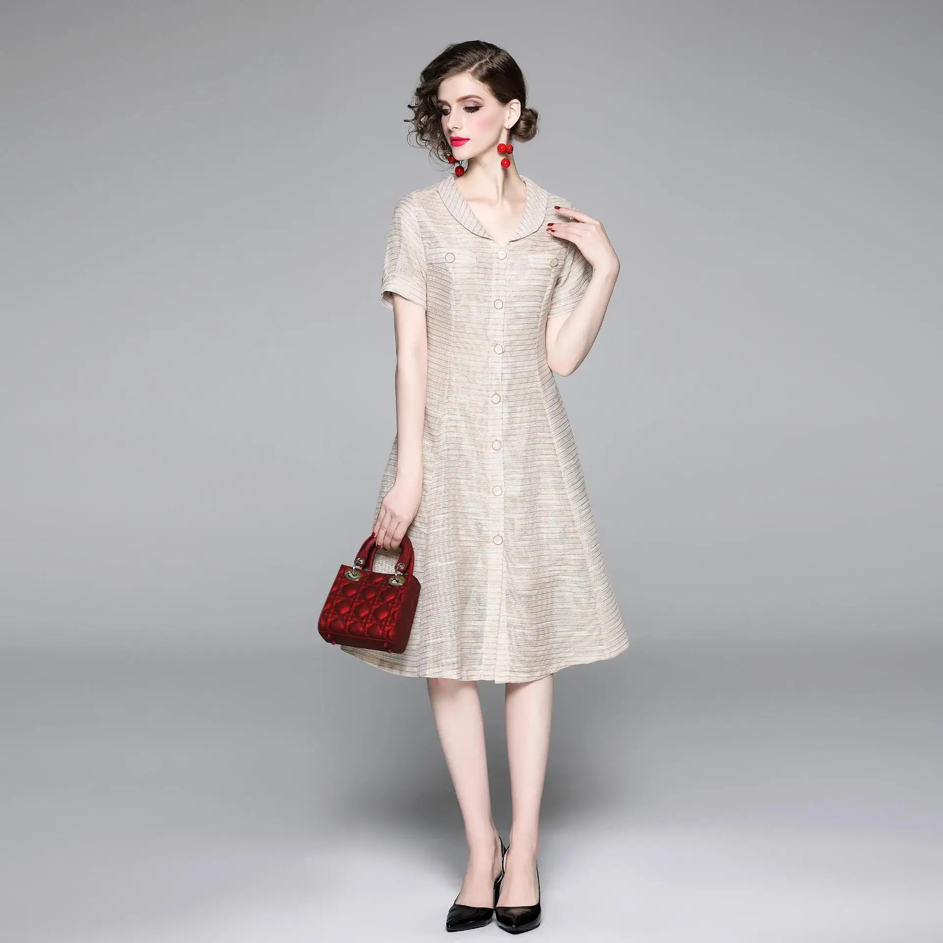 

Photo Shoot 2019 Europe And America New Style French Simple Peter Pan Collar over-the-Knee Long Skirts Single Breasted Waist Hug