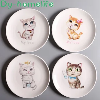 

8 Inch Creative Cartoon Cat Round Ceramic Plate Family Hotel Kitchen Supplies Bone China Western Steak Salad Children Plate Dish