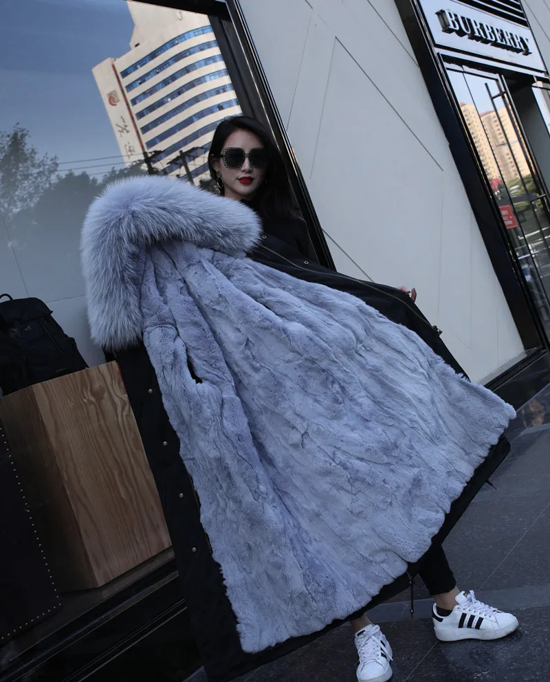 X-long light grey Новинка, большие размеры, длинное пальто из натурального меха для женщин, с капюшоном, со съемным натуральным кроличьим мехом, парки, зимняя женская шуба - Цвет: X-long light grey