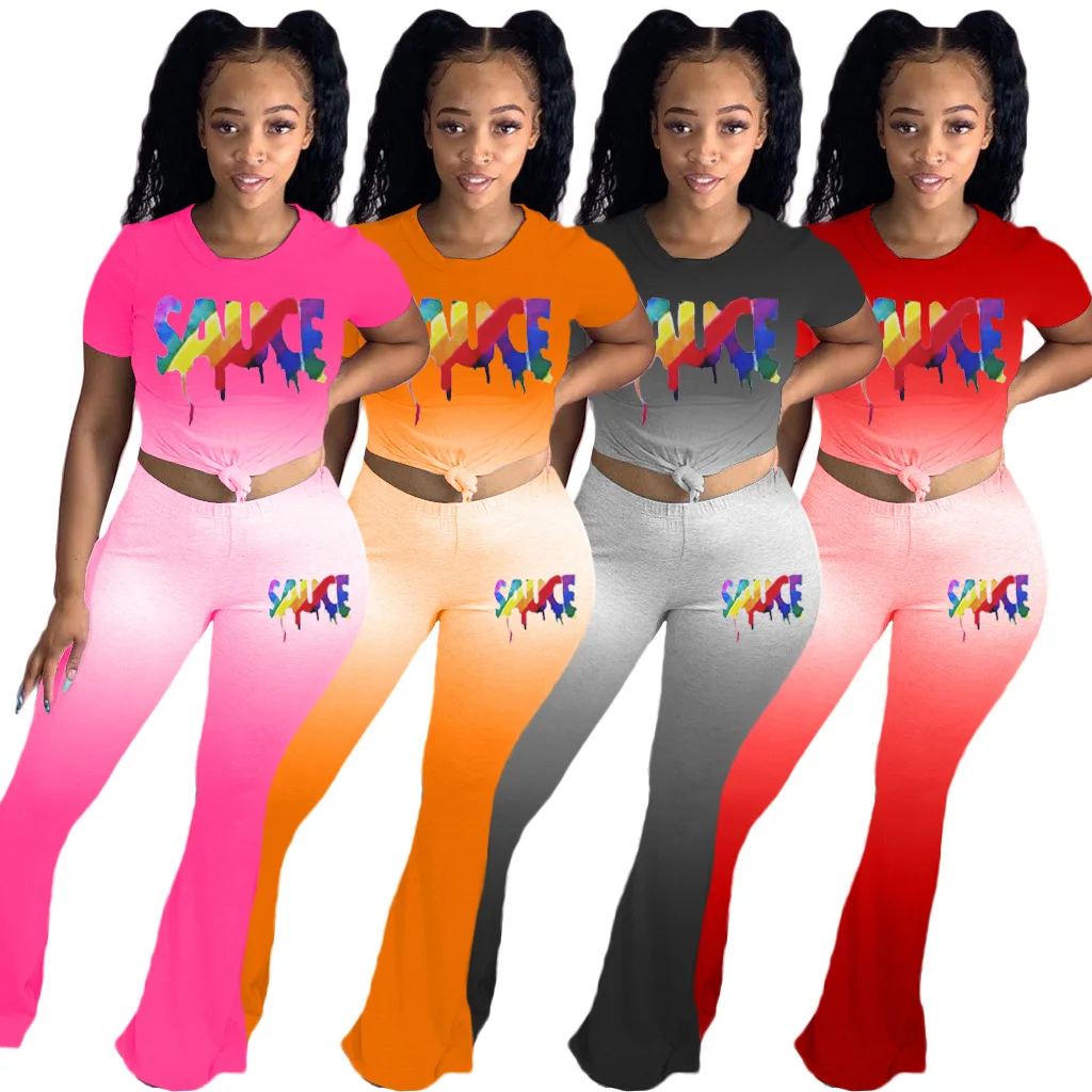 

2020 Summer Women Suit Gradient Color Letter Print and Bell-bottoms 2 Piece Sets for Women