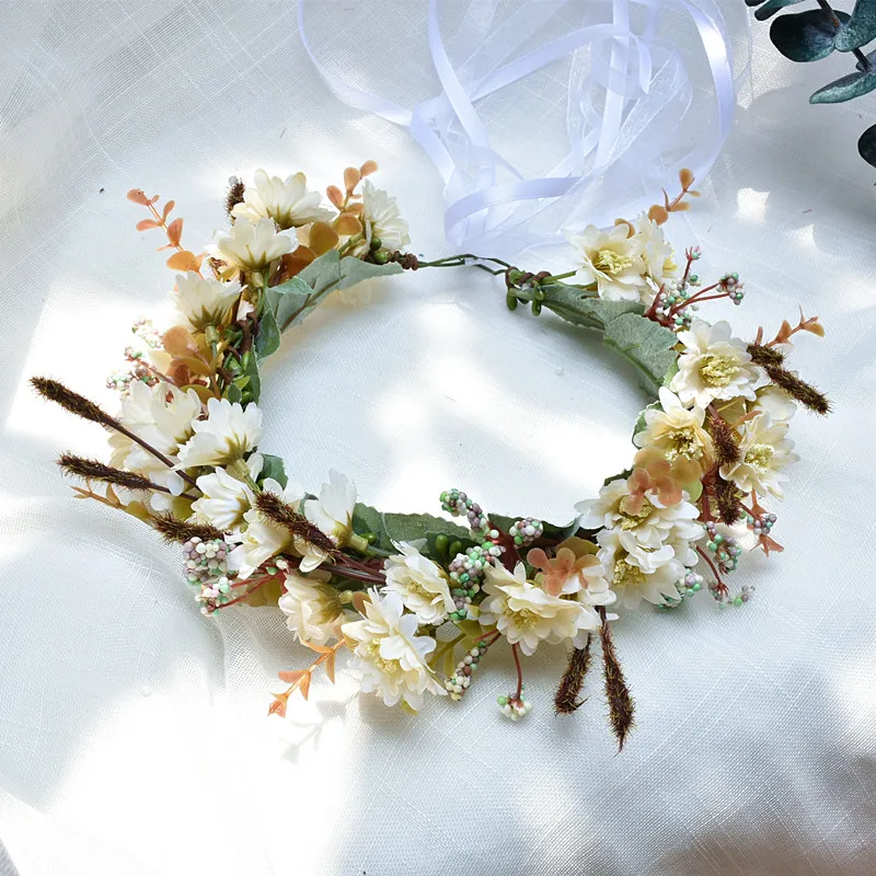 Fascia Per Capelli Floreale Per Matrimonio - Corona Di Fiori Boho Con Nastro Regolabile - Copricapo Per Sposa, Damigella E Spiaggia - Colore Bianco