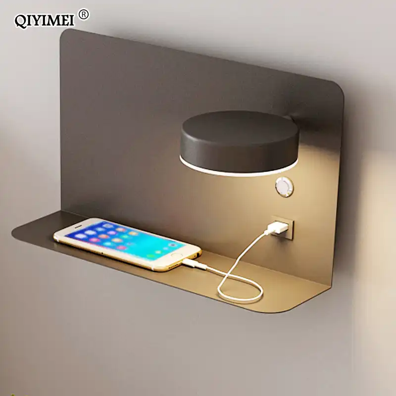 Nordic Minimalist LED Wall Lamp Bedside Shelf USB Phone Charger Modern