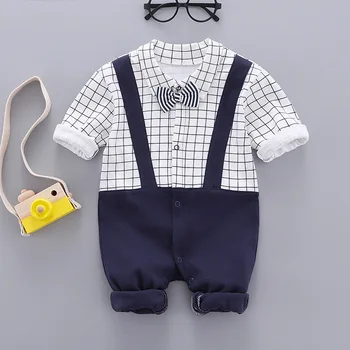 

2pcs/set Newborn Baby Boy Plaid Long Sleeve Clothing Autumn Gentleman Rompers Printing Jumpsuit Fake Kids Boys Costumes Sets Hot