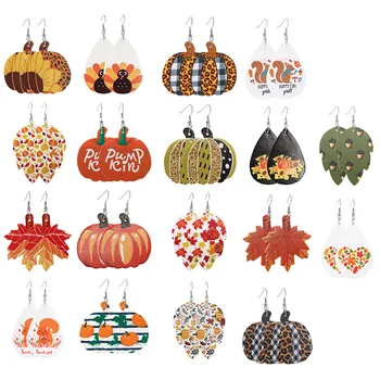 

Pumpkin Maple Thanksgiving Leather Earrings Women Vintage Unique Floral Checked Print Leather Teardrop Dangle Earrings Gifts