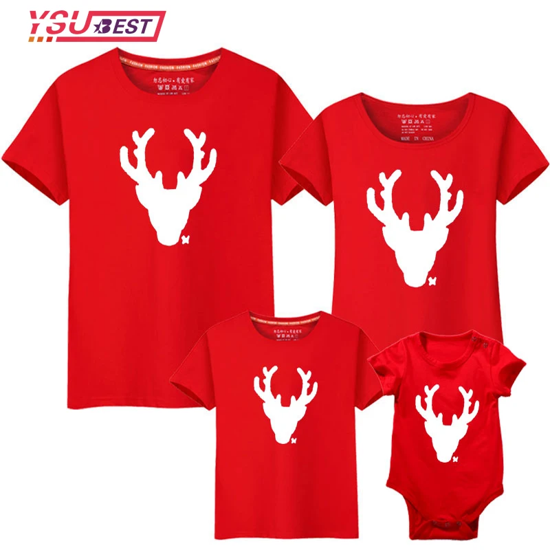 thumbnail image 2 of Regalo de Año Nuevo Ropa familiar a juego para Navidad Camisetas de manga corta para madre e hija Camisetas con estampado de reno y alce navideños Top rojo, 2 of 5