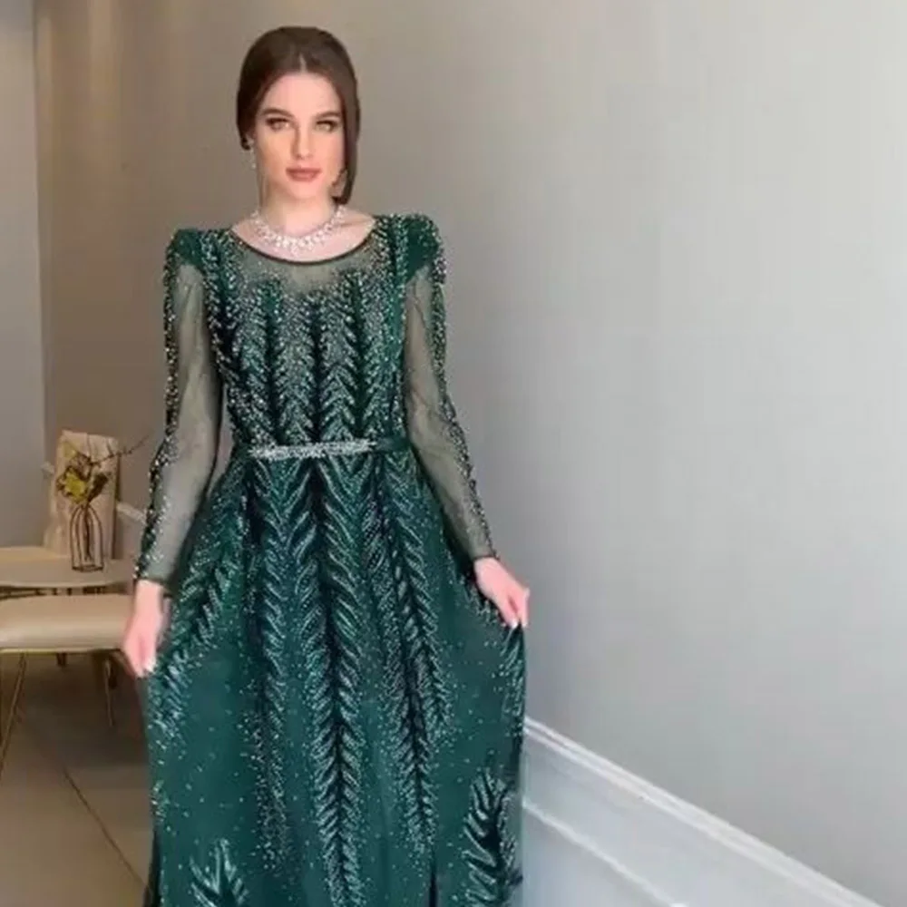 

YQLNNE Dubai Green Long Evening Dress Full Sleeves Evening Gown 2019 Velvet Beading O-Neck