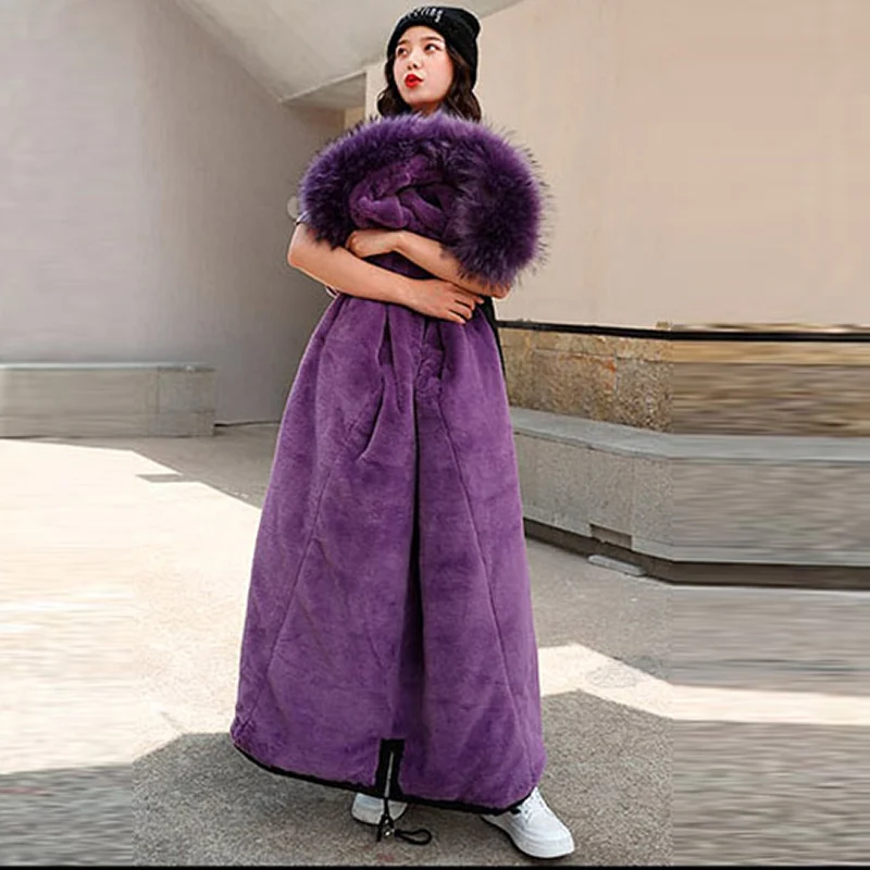 Зимние женские куртки, пальто из плотного флиса, двойные теплые свободные хлопковые куртки размера плюс, длинная парка, пальто с искусственным мехом, пальто с капюшоном - Цвет: Purple