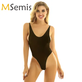 

Women's Swimsuit Ultra Thin Shoulder Straps Deep U Neck Backless Crotchless High Cut Thong Leotard Bodysuit