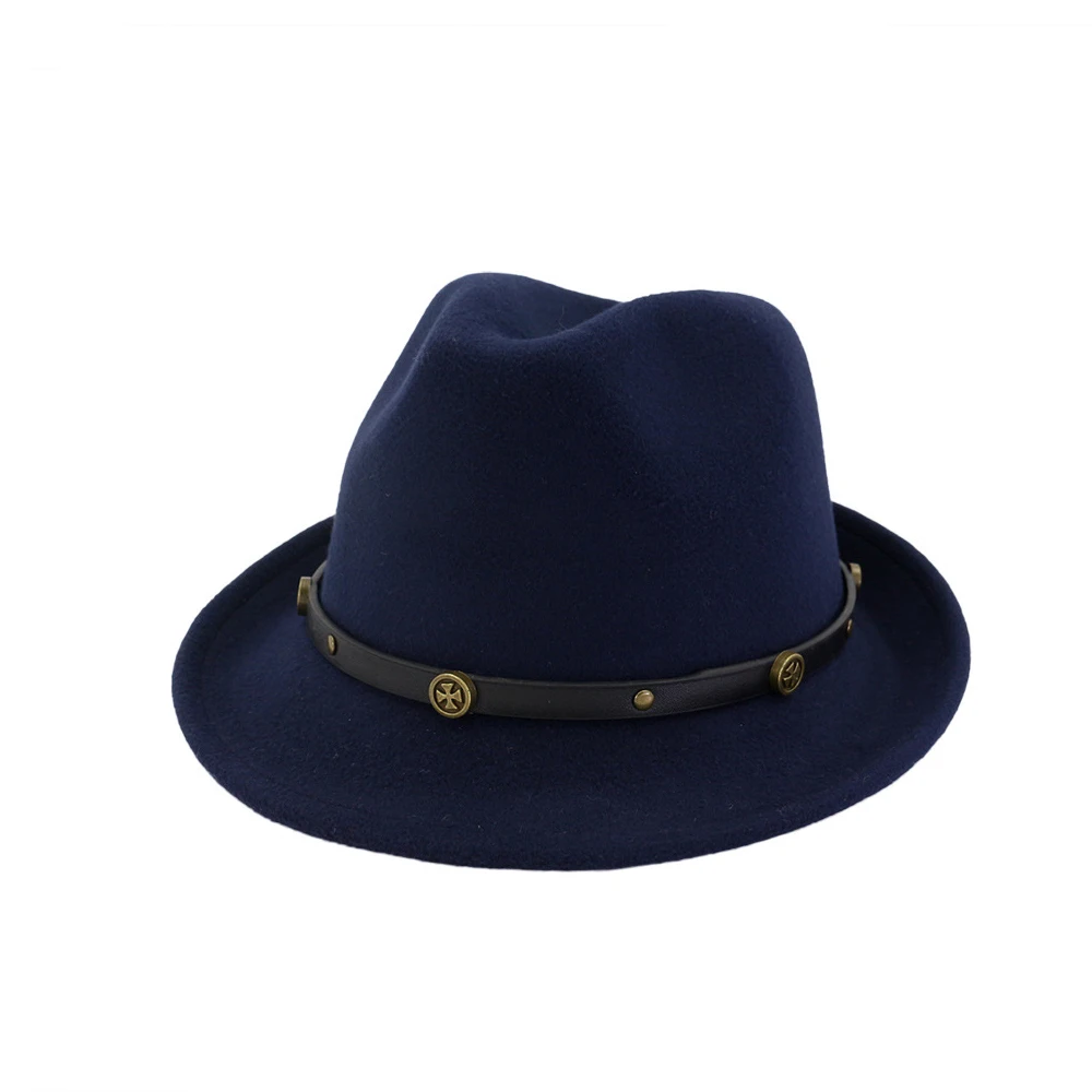 Dark Blue Женская мужская фетровая шляпа с кожаным поясом Зимняя шерстяная шапка церковная джаз шляпа размер 56-58 см - Цвет: Dark Blue