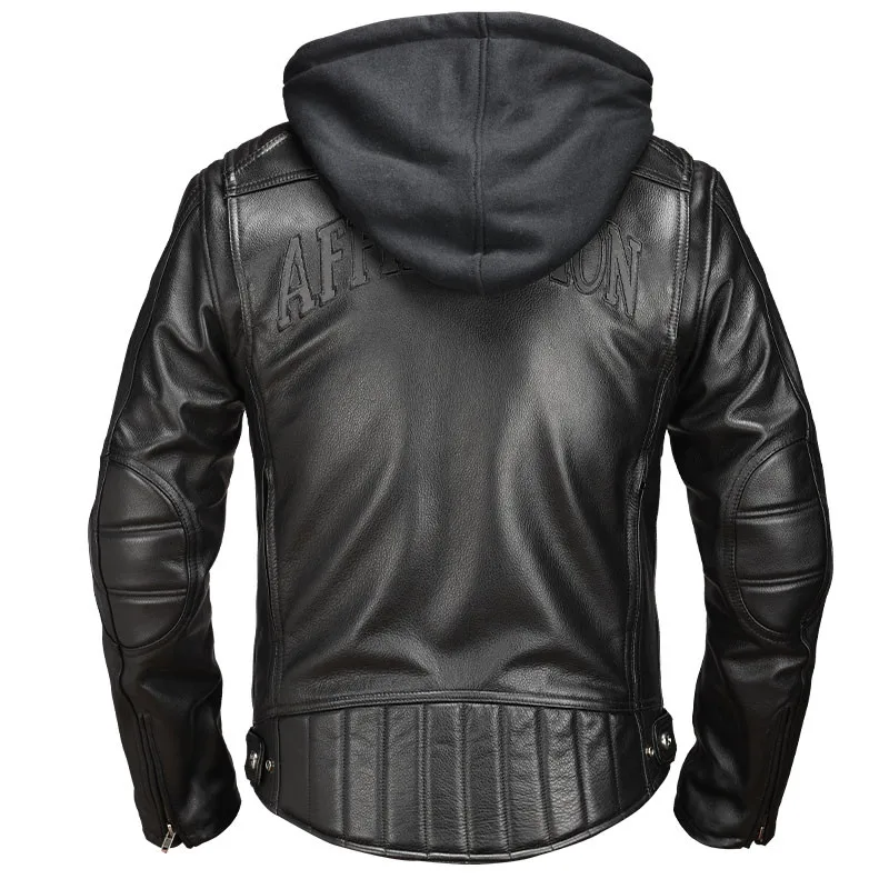 Черная мужская куртка американского мотоцикла с капюшоном, кожаная куртка размера плюс XXXXL из натуральной толстой воловьей кожи, приталенная кожаная куртка