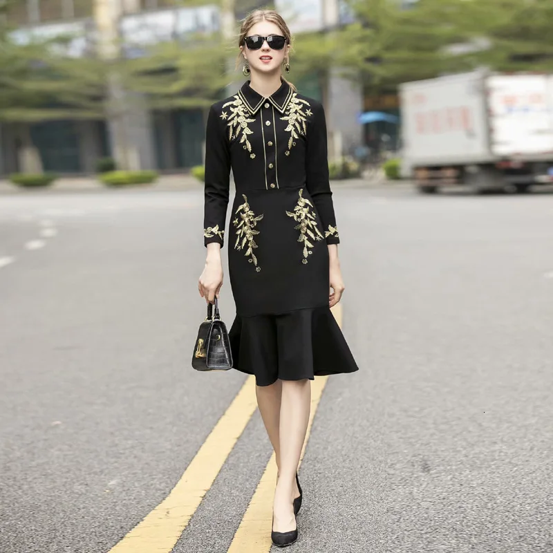 

LANMREM 2020 Spring New Women's Lapel Long-sleeved Heavy-duty Embroidered Waist Temperament Fishtail Dress PC237