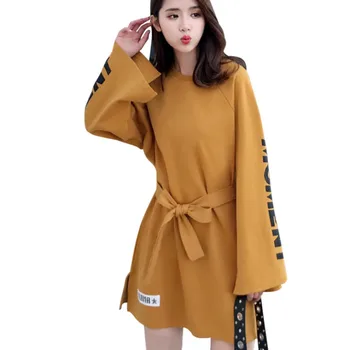 

Lady Sexy Letter Print Vestidos Dresses Long Sleeve Letter Korean Women Dresses Style Loose Belt Mini Dress Print Robe
