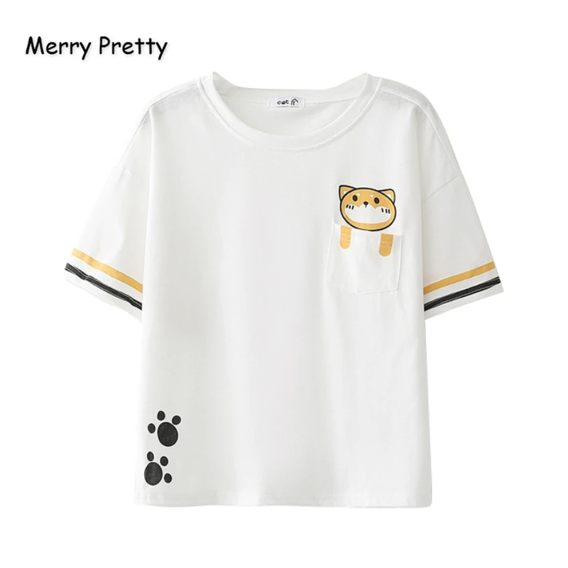 MERRY PRETTY/Хлопковые женские футболки Harajuku с рисунком кота, футболка с коротким рукавом и круглым вырезом для женщин, Повседневные базовые топы, футболки