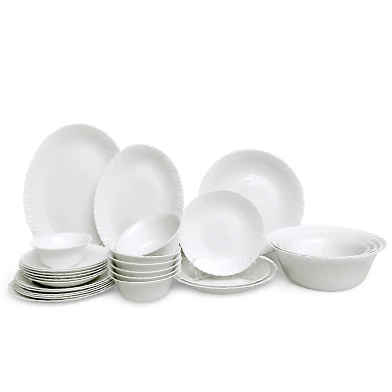 

White Round Glass Dinnerware Set Dinner Plates and Deep Bowls Fish Plate for Noodle Cheap Eco Friendly Reusable Microwave Safe