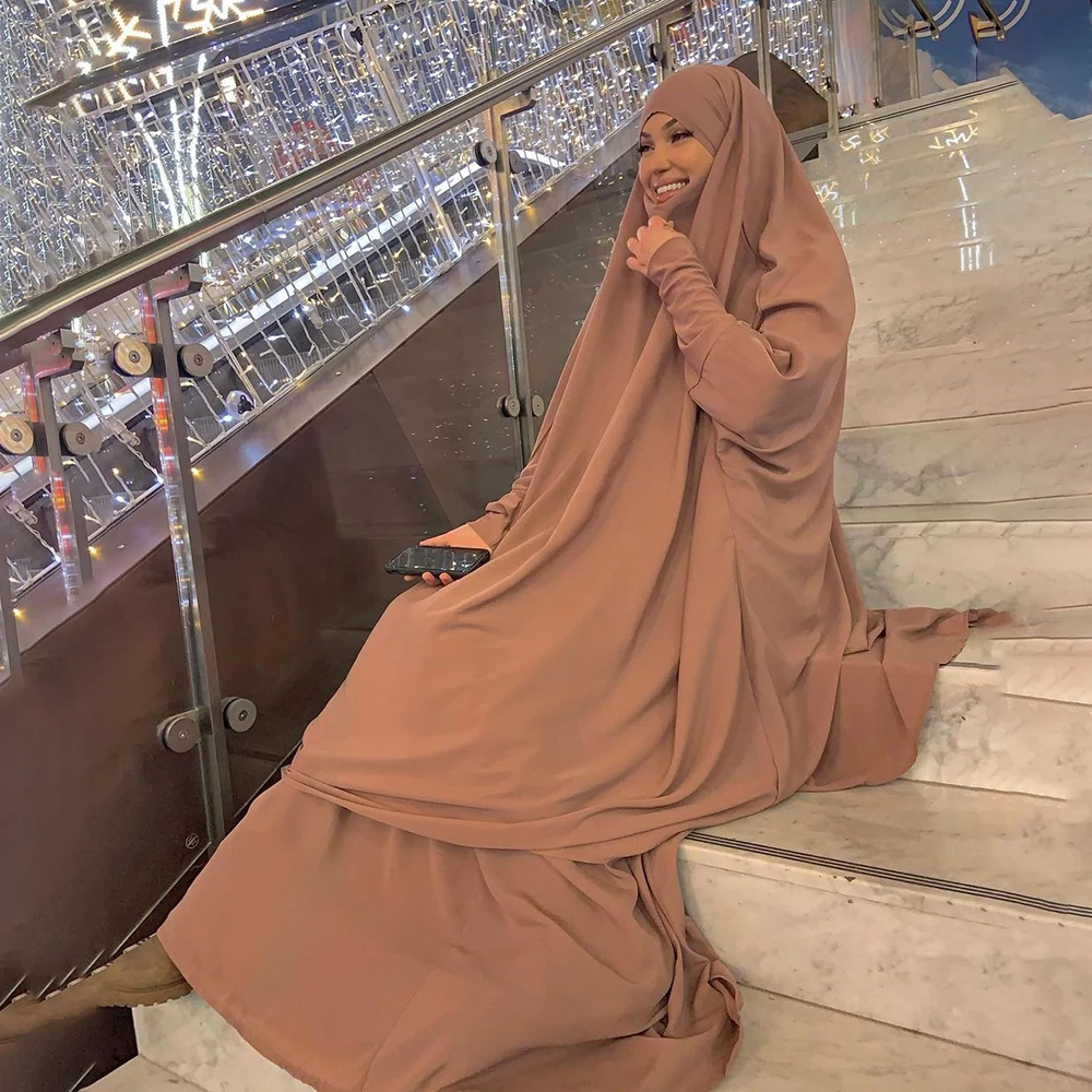 Eid Muslim Women Hooded Long Khimar Paryer Garment 2 Piece Set Abaya Dress Full Cover Islamic Clothing Kaftan Jilbab Djellaba