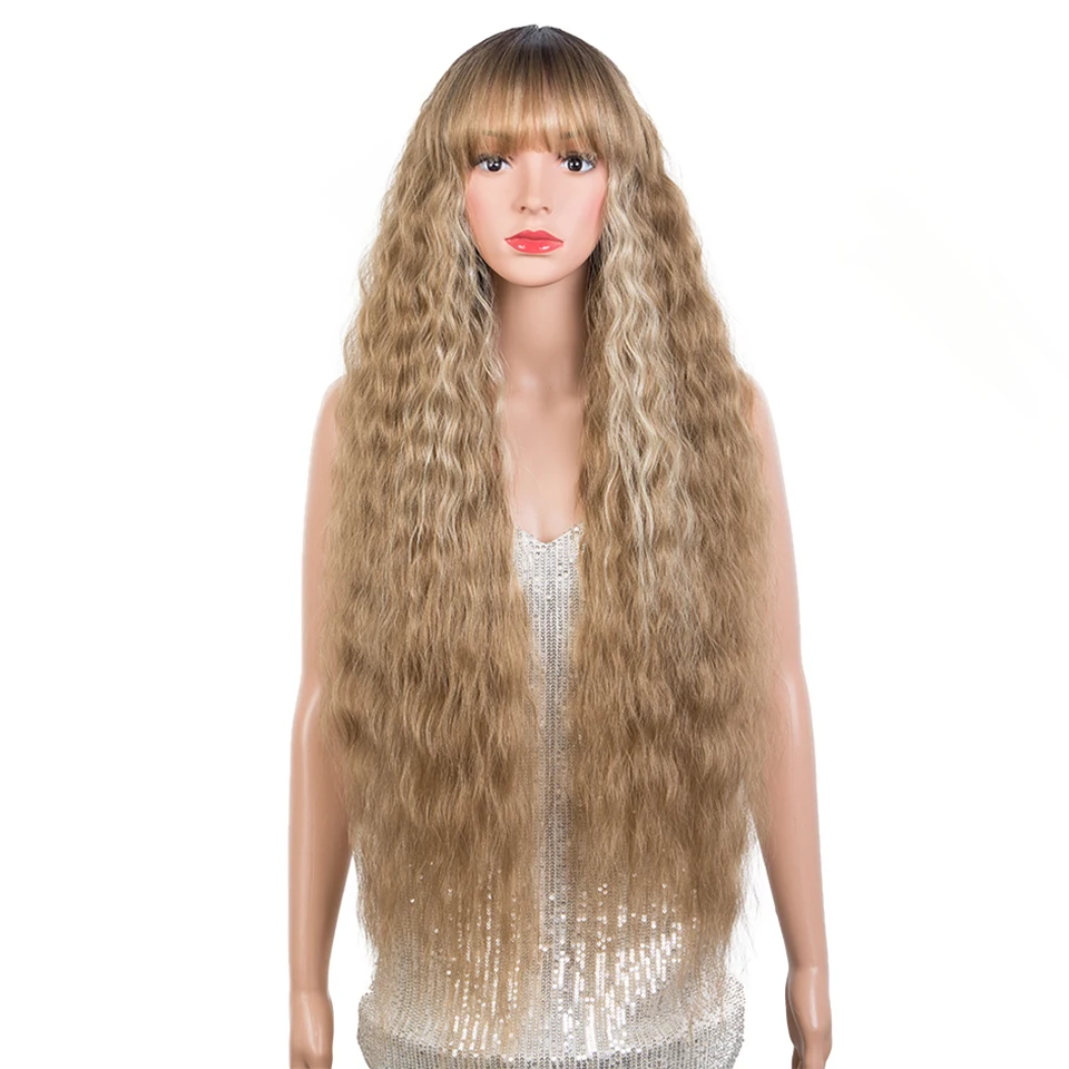 La naturaleza de la peluca de la onda de agua pelo falso flequillo peluca Lolita Cosplay 36 pulgadas Ombre marrón Rosa fibra resistente al calor sintético pelucas para mujeres