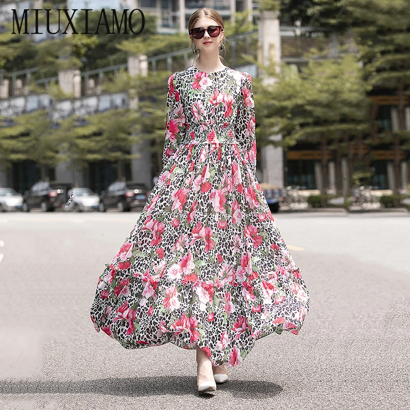 MIUXIMAO/ осенне-зимнее длинное женское платье с леопардовым цветком розы, винтажное повседневное офисное длинное платье для женщин Vestidos