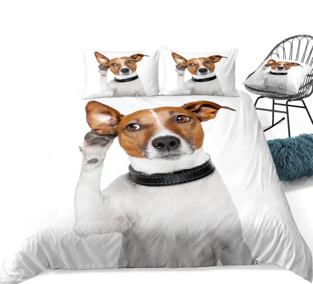 3D Dog Duvet Cover Set White Dog Listening with Big Ear White Bedding Pet Home Textiles Animal Bed Set Queen 3 Pieces Dropship