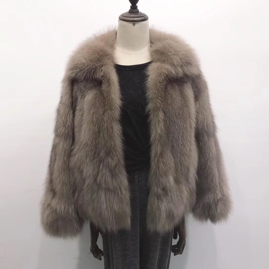 Хаки Rf1920 пальто из натурального меха для женщин с отложным воротником и длинным рукавом из натурального Лисьего меха модная яркая верхняя одежда из лисьего меха - Цвет: Хаки