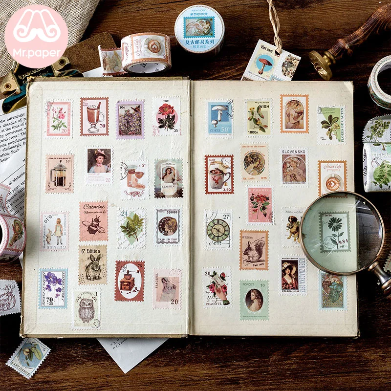 Mr Paper 8 Designs Retro Post Office Plant Stamp Tapes Scrapbooking Deco Sticker Masking Tapes Easy to Tear
