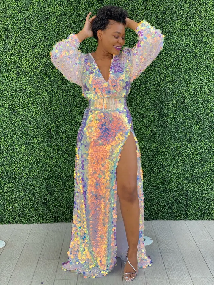 Chic Birthday Dress Blk Multi Color Sequined Women Dresses Full Puffy  Sleeves Sexy High Side Split Long Party Dress - AliExpress 200000345