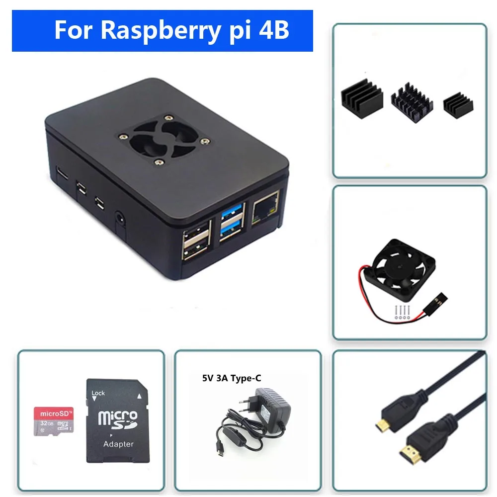 Raspberry PI 4 Model B Acrylic Case With Cooling Fan+32GB SD Card+5V 3A power+Heatsink+HDMI for Raspberry pi 4B