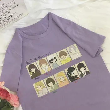 

2019 Summer Harajuku Purple White T-Shirt Women Cotton Print Cartoon Girl Kawaii Short Sleeve Loose Tee Shirt