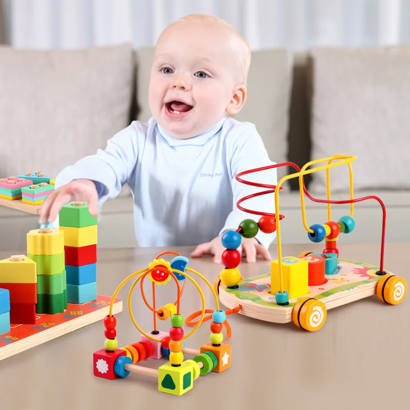 

Four-Marca Four Column Case Shape Case Column Bead-stringing Toy Luggage Trolley Colorful Bead-stringing Toy Wooden Toy 4