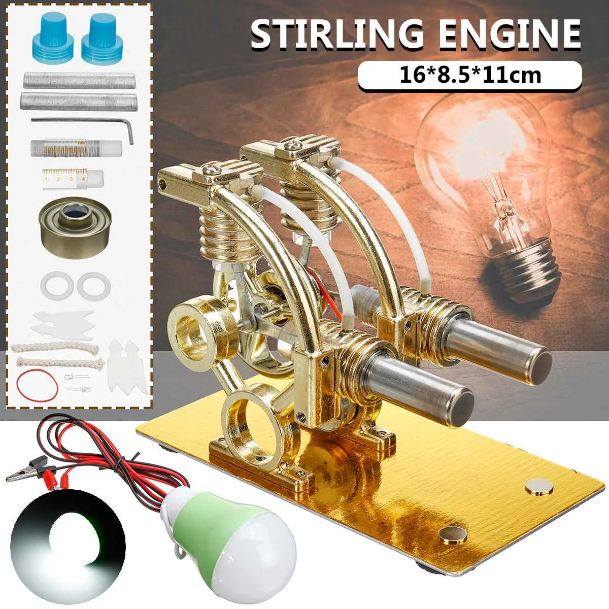 

Double-cylinder Mini DIY Stirling Engine Generator Model+bulb School Demonstration Education Kids Toys Gift External Combustion