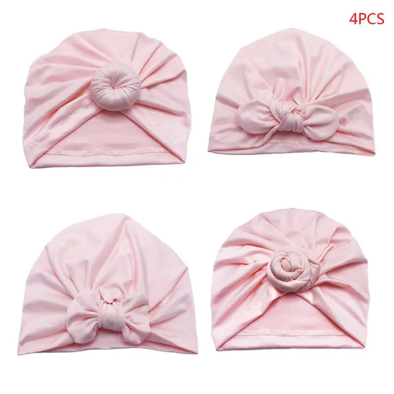 4 Pcs/set New Toddler Baby Girls Boys Elastic Hats Donut Bow-knot Turban Hat Hair Wrap Head Casual Cap - Цвет: Розовый
