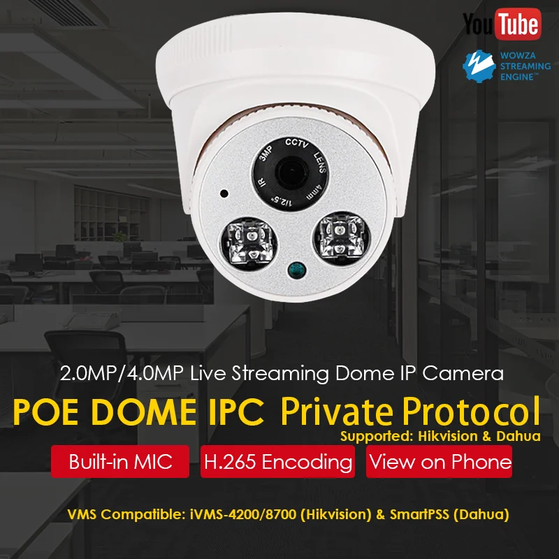 4.0MP 2.0MP HD ИК купольная POE прямая потоковая ip-камера нажмите видео поток на Youtube/Wowza по RTMP AAC аудио H.265/H.264 ONVIF 2,6