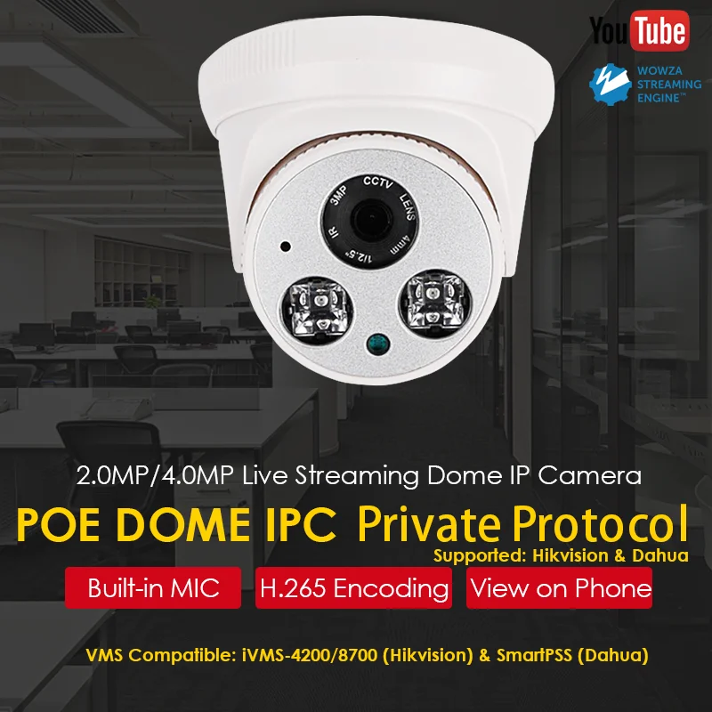 4 0 МП 2 HD ИК купольная PoE живая потоковая IP камера Push Video Stream to Youtube/Wowza by RTMP AAC Audio