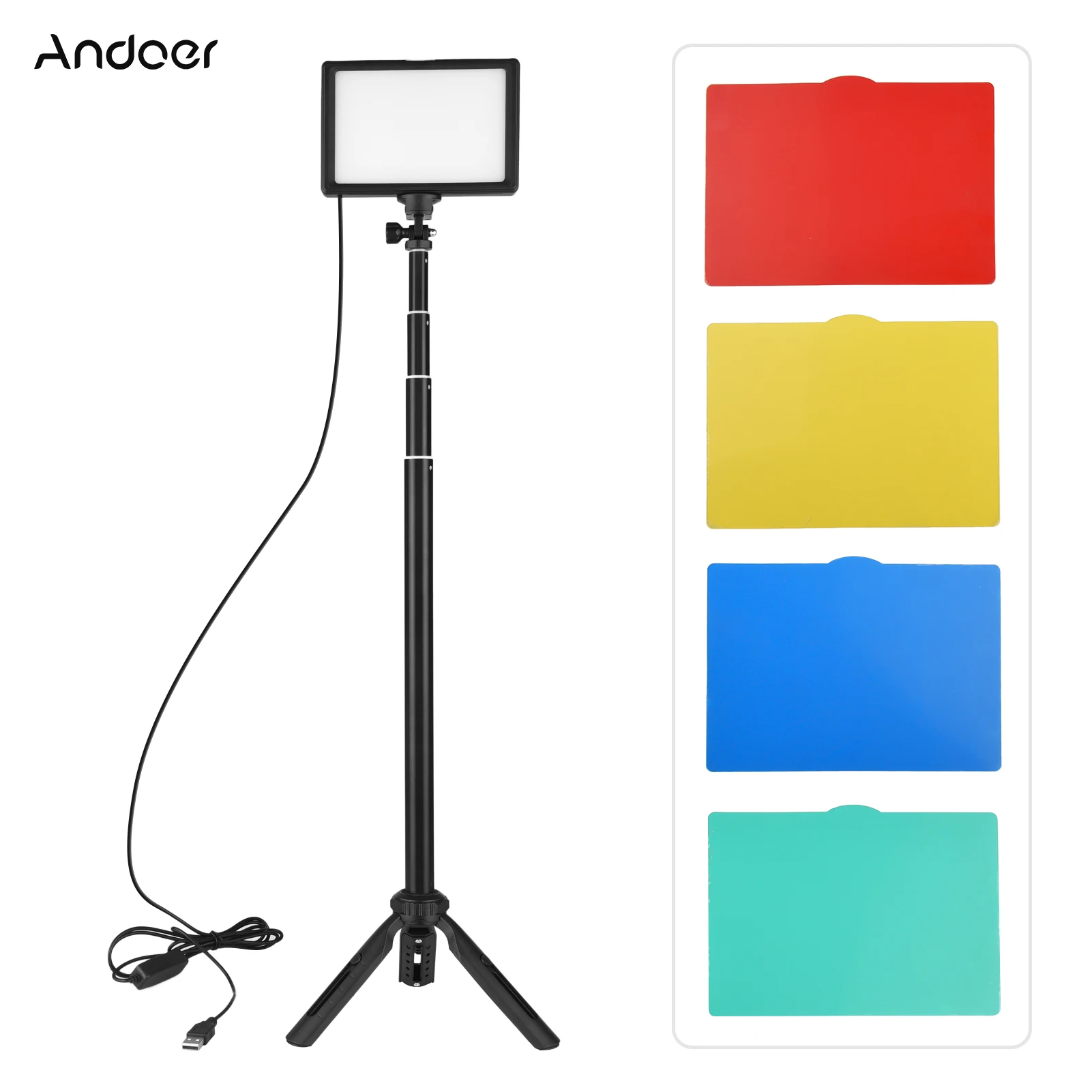 Andoer USB LED 비디오 라이트 키트, 사진 조명, 3200K-5500K, 120 개 비즈, 14 레벨 디밍 가능, 148cm, 58 인치 삼각대 스탠드 포함