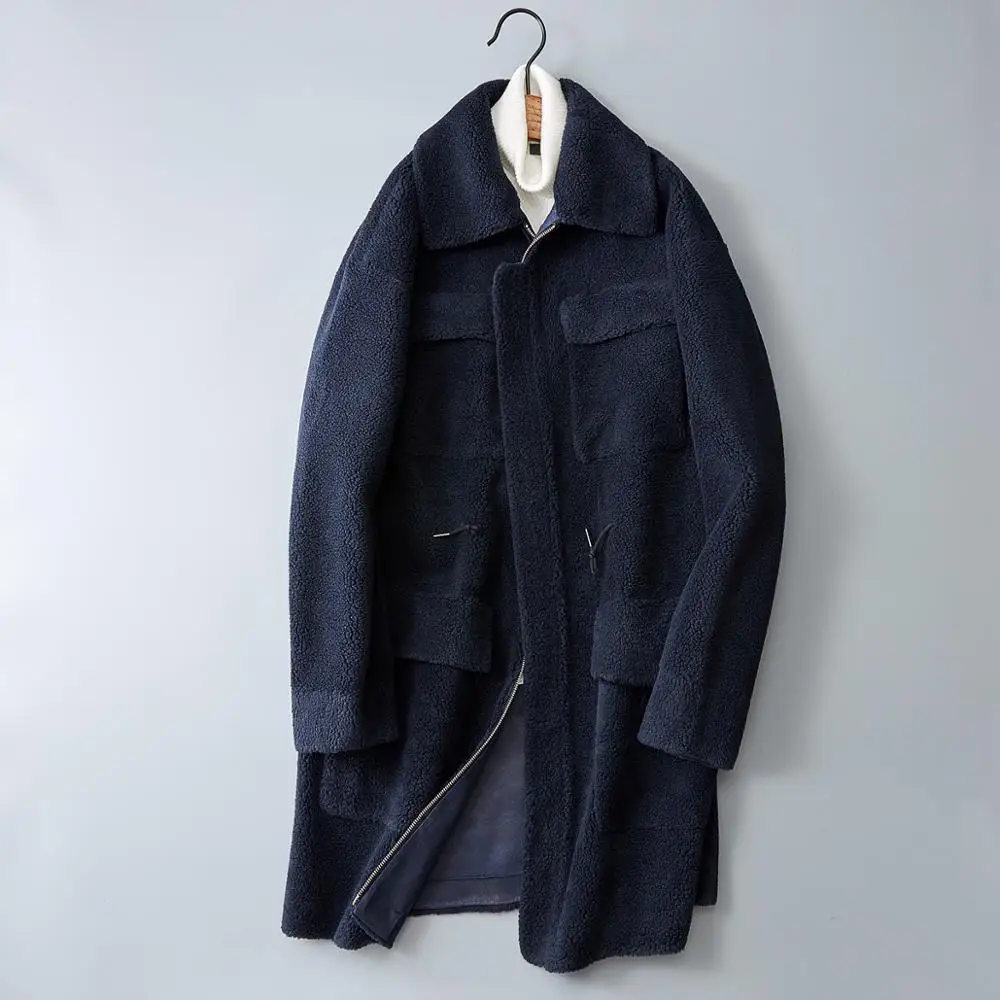 Синий Men's Wool Coat New Winter Jacket Natural Cashmere Fleece Trench Imitation Mink Coat Fashion Single Breasted Overcoat#1980 - Цвет: Синий