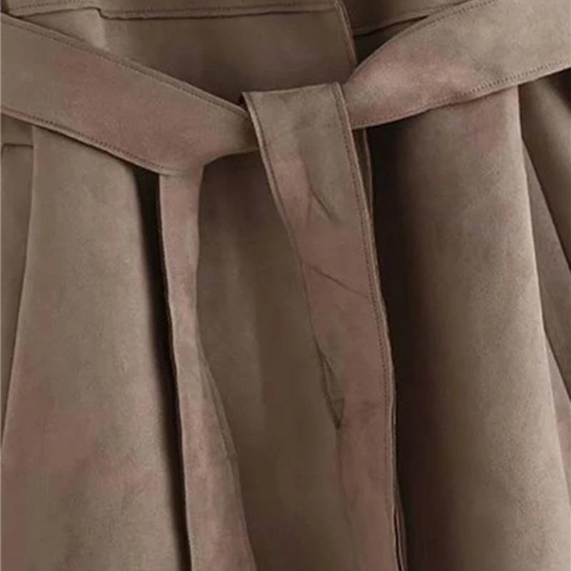 COLROVIE, коричневый замшевый Тренч с отворотом, с поясом, без рукавов, средней длины, Женское пальто, Осень-зима, однотонный жилет, женская элегантная верхняя одежда