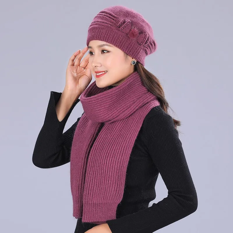 Mother's Nnew Year Gift Rabbit Knit Cap Scarf The Elderly Women's Autumn And Winter Warm Hat Scarf Female Winter Hat Twinset