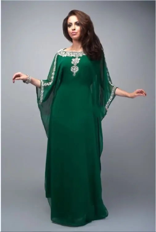 

Green Luxury Beaded Abaya Dubai Evening Gowns Long Sleeve Crystlas Kaftan Dubai Evening Dresses Fashionable Arabic Dresses