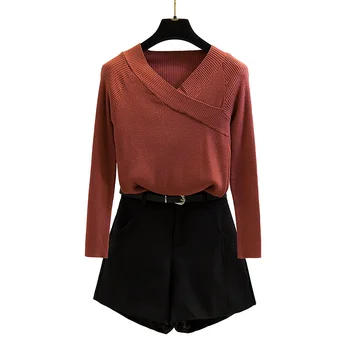 

Autumn Winter Fashion Suits Wool Sweater Jacket And Shorts High Quality Women Knitted V Neck Top Short Pant Two-Piece Outfit