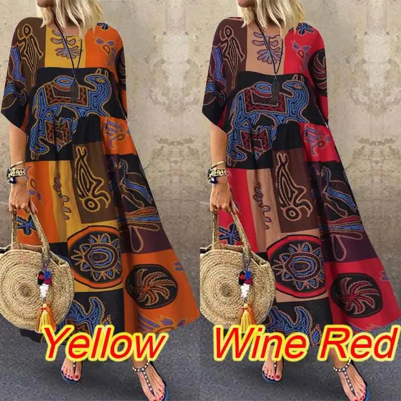 Летнее винтажное длинное платье макси Vestidos ZANZEA Женские повседневные мешковатые богемные платья с принтом кафтан пляжный Сарафан Плюс Размер