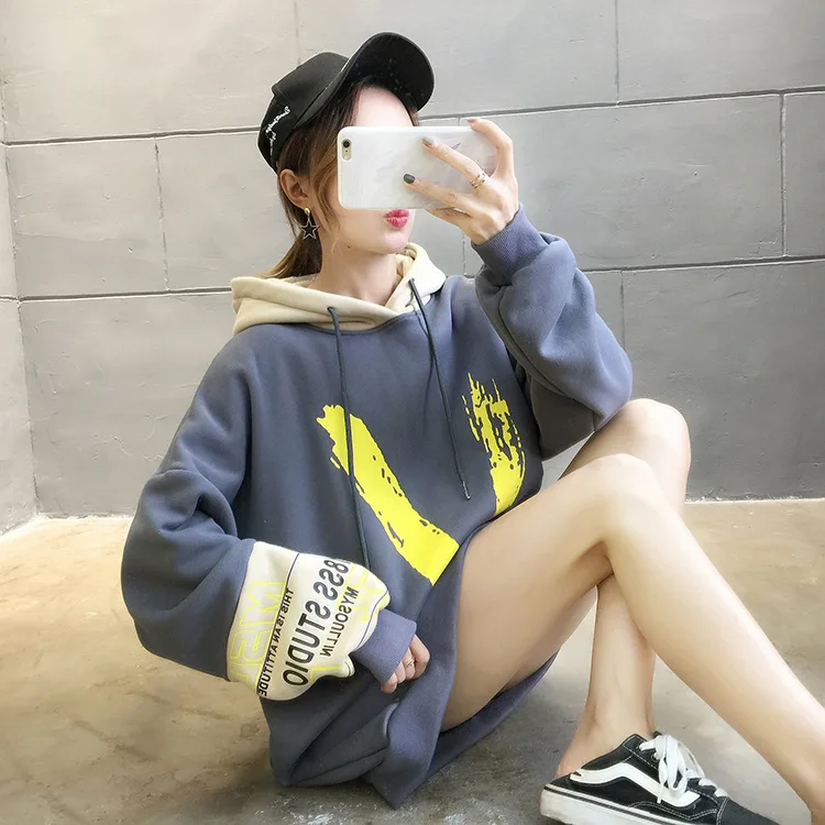 Зимние толстовки, Женская толстовка, Harajuku, теплый пуловер с капюшоном, топы, повседневные, корейские, свободные, спортивный костюм, толстовки, свитер