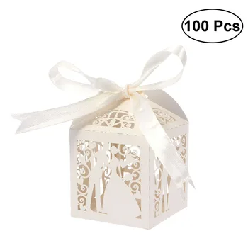 

100pcs Couple Design Luxury Lase Cut Wedding Sweets Candy Gift Favour Boxes with Ribbon Table Decorations (Creamy-white)